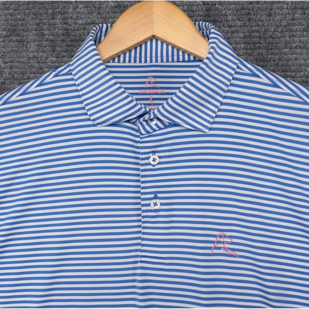 Rhoback Mens Performance Polo Blue White Striped Golf Shirt Mens L ~ Rhodesian